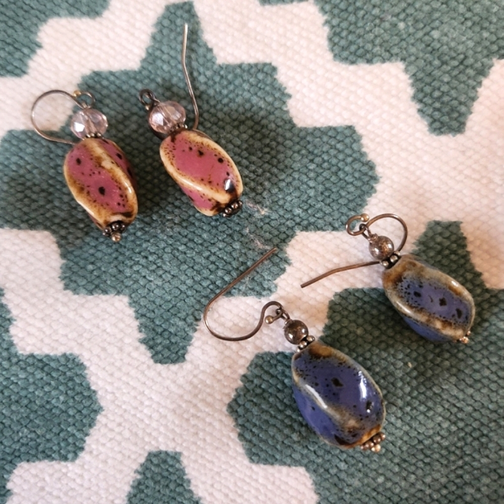 Elegant Ceramic Bead Earrings - Pink and Blue